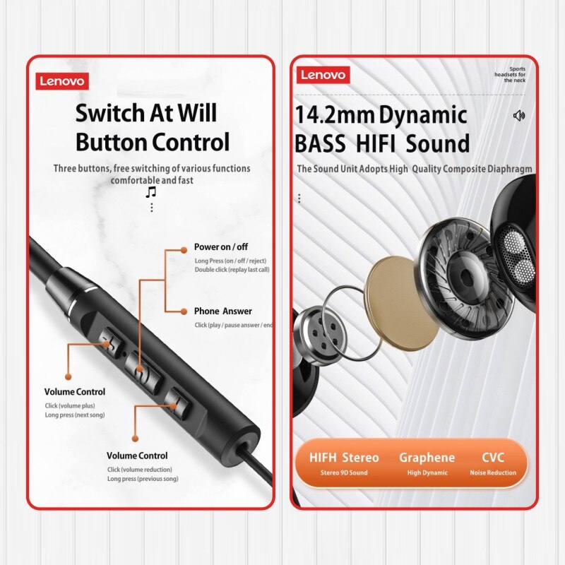 Lenovo-auriculares inalámbricos QE08 con banda para el cuello, cascos con Bluetooth 5,0, HIFI estéreo, deportivos, magnéticos, resistentes al agua, con micrófono