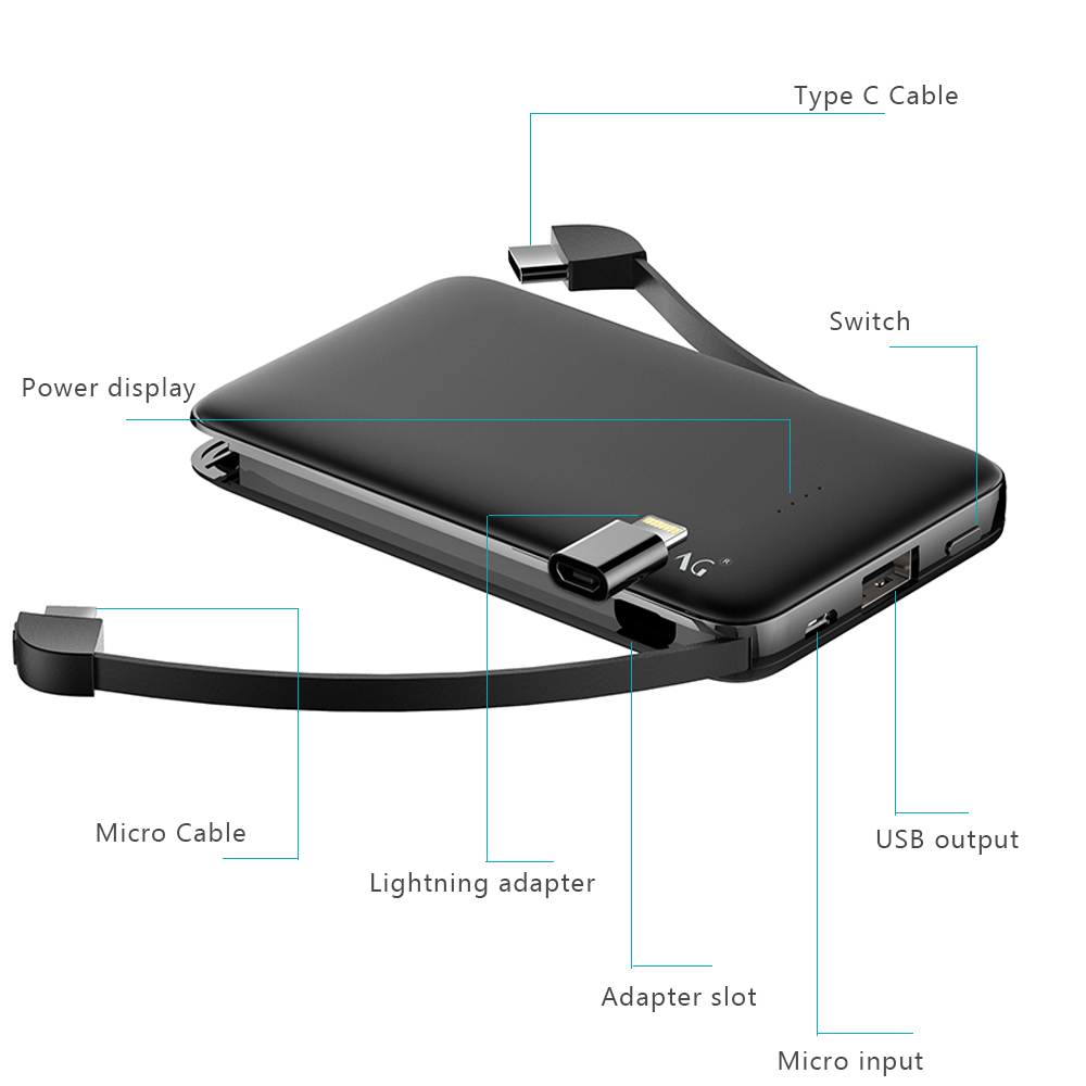 Ferising Met Ingebouwde Kabel Power Bank 5000Mah Usb Type C Draagbare Oplader Powerbank Externe Batterij Opladen Voor Iphone xiaomi