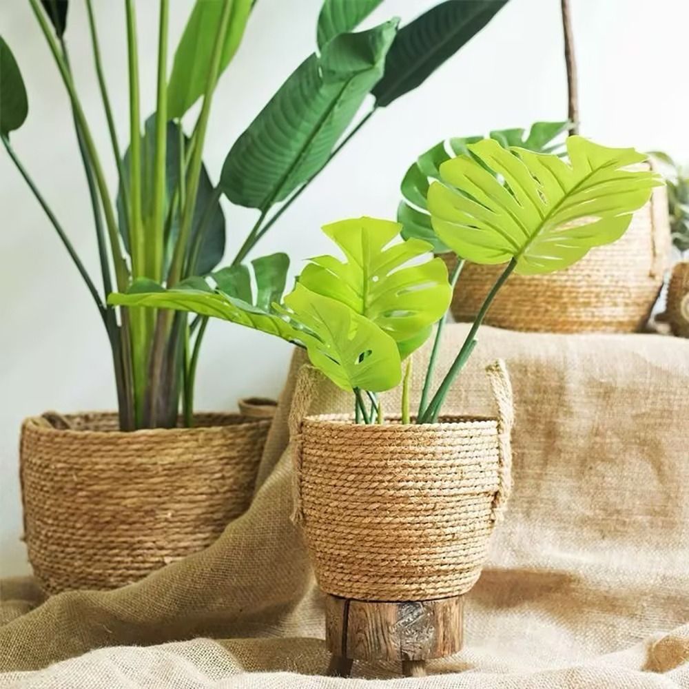 1 Stuks Mini/S/M/L Gras Geweven Bloempot Voor Tuinterrassen Kleine Plant Bloemenmand Zaailing Containers Planter Mand