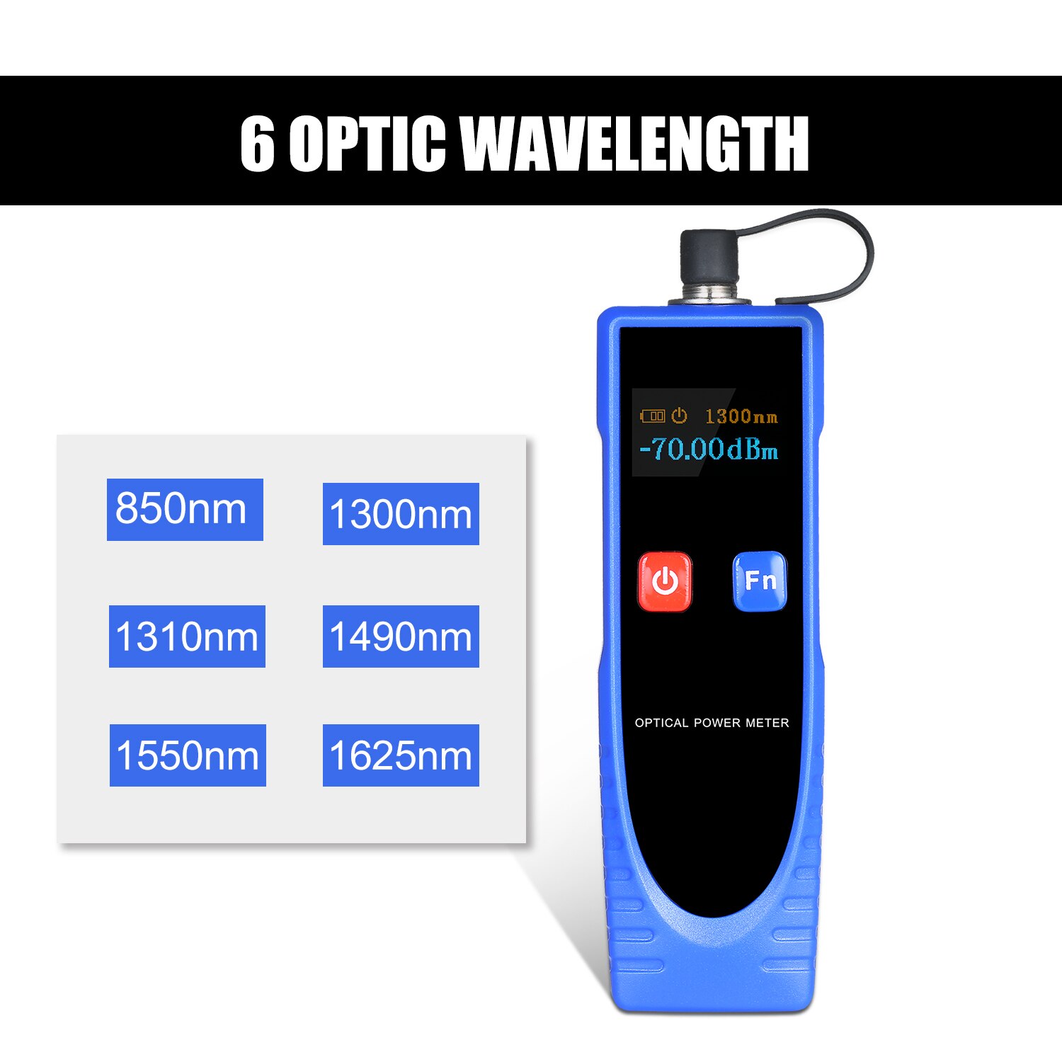 Optical Power Meter blue/grey Portable Digital Mini Light Power Meter -70~6dBm with 6 Optic Wave Length