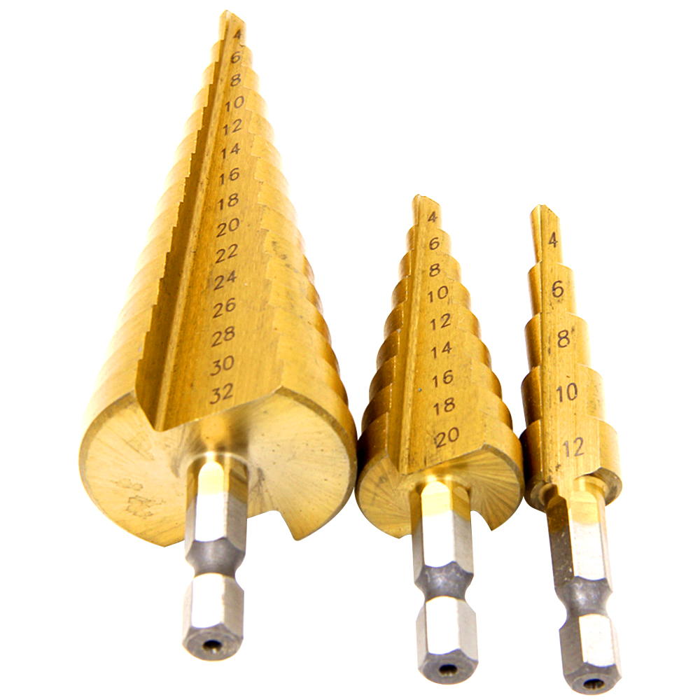 Taladro escalonado Chapado en titanio, vástago Hexagonal, ranura recta, 3-12/4-12/4-20/4-32mm, juego de accesorios de herramienta de perforación Pagoda
