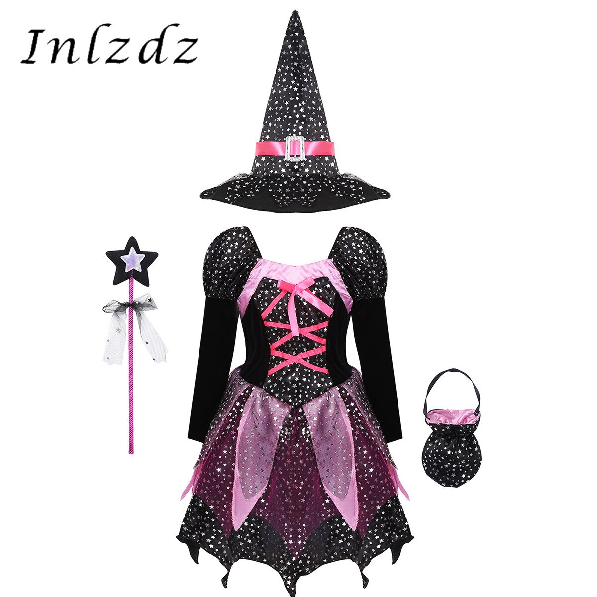 Robe en Tulle pour enfants, tenue de Costume pour filles, manches longues, étoiles argentées scintillantes, robe imprimée avec chapeau pointu, baguette, ensemble de sacs à bonbons
