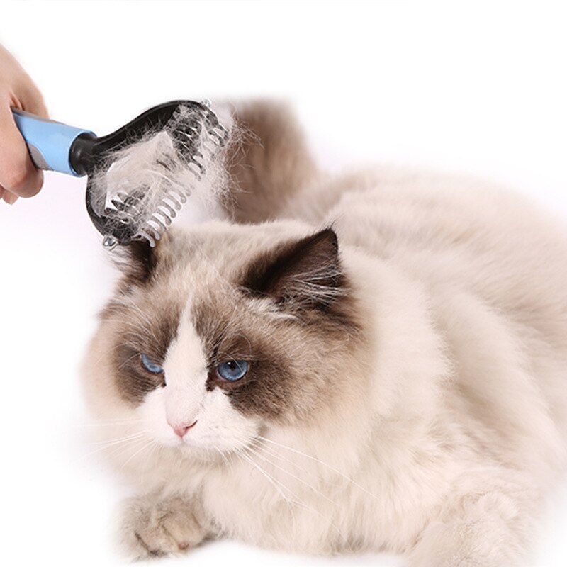 Removedor de pelo para mascotas, cepillo para quitar el pelo de perro con pelo cortador de nudos de acero inoxidable, cortador de doble cara, herramientas de aseo para gatos 66CY
