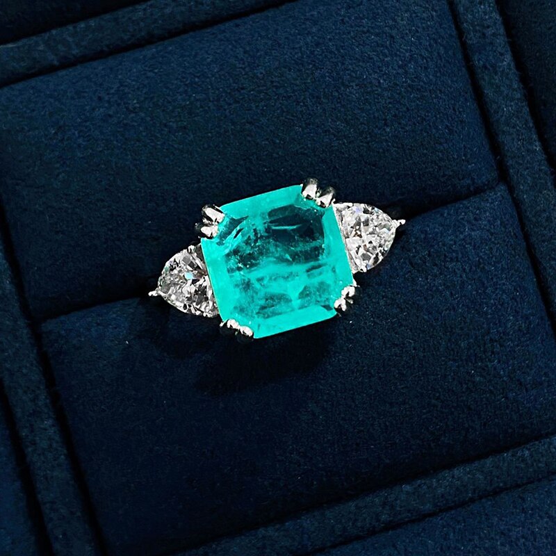 10*10Mm Vierkante Natuurlijke Paraiba Toermalijn Ring S925 Sterling Zilver Hoge Sieraden Party Vrouw