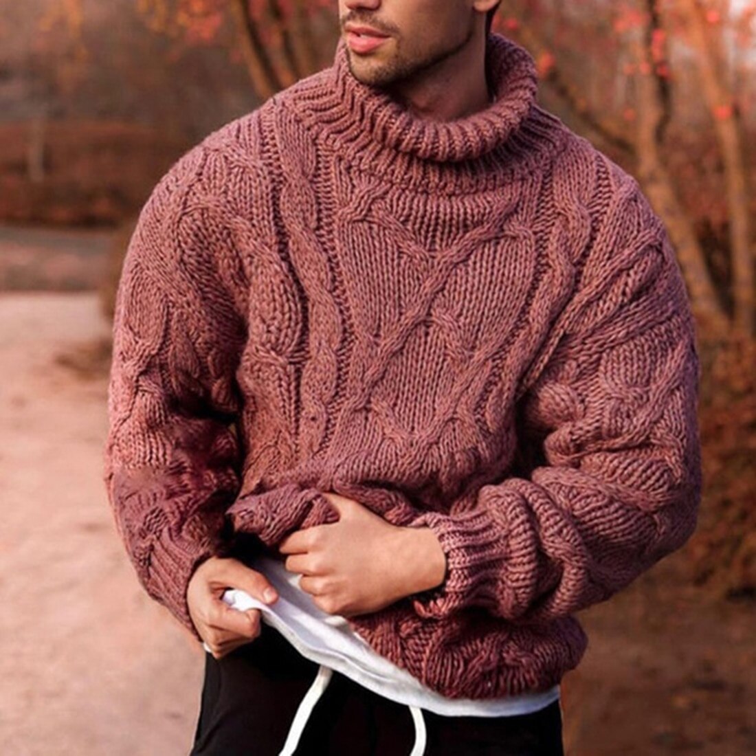 Pull à col roulé pour homme, pull chaud, épais, couleur unie, manches longues, tricot torsadé, décontracté, automne hiver