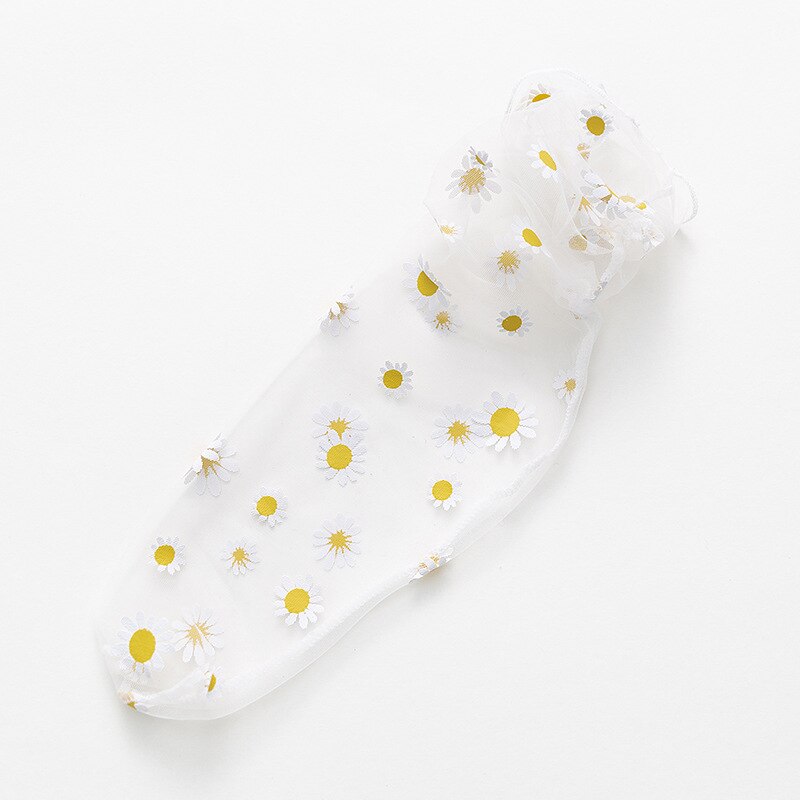 Suloiset kukkaiset naisten sukat läpinäkyvät ultraohuet päivänkakkarat sukat tytöille naisten sifonkiverkko hengittävä tylli pitkät sukat