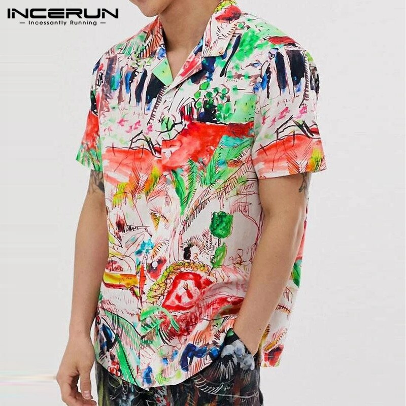Incerun sommer skjorter med print til mænd kortærmede løs reversskjorte afslappet åndbar camisa mænd hawaiianske skjorter s -3xl