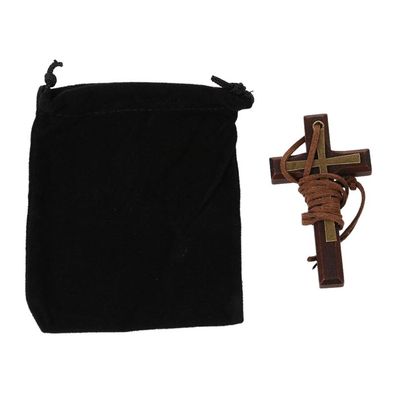 Legering Leer Hout Hanger Ketting Goud Bruin Kruis Ring Vintage Retro Verstelbare Mannen Ketting