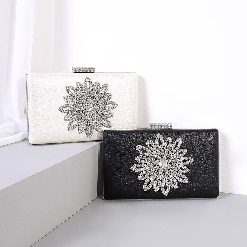 Luxy Moon White Clutch Bag Women's Evening Clutch Hand Bag Sun Flower Crystal Wedding Purse for Bridal Black Shoulder Bag ZD1525