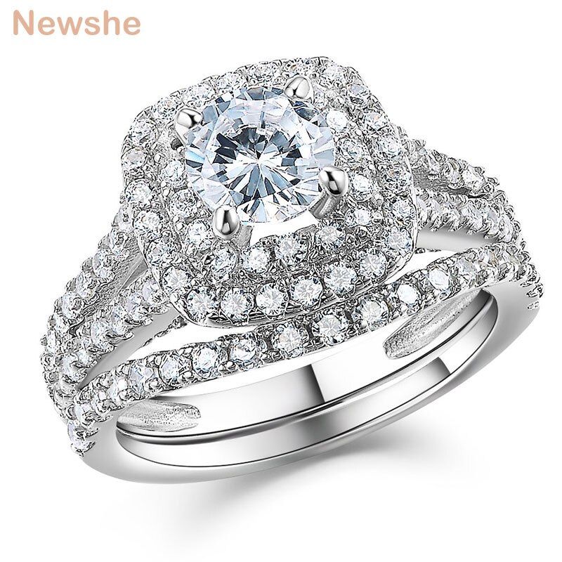 Newshe-anillo de compromiso de boda para mujer, conjunto nupcial, estilo Victoria, joyería de plata 925, doble Halo, corte redondo, AAAAA, Cz