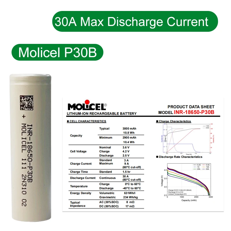 Hohe Entladung Original Molicel P30B INR 18650 3000 mah 30A Batterie Wiederaufladbare Li-Ion Batterien Für Power Werkzeuge Akku