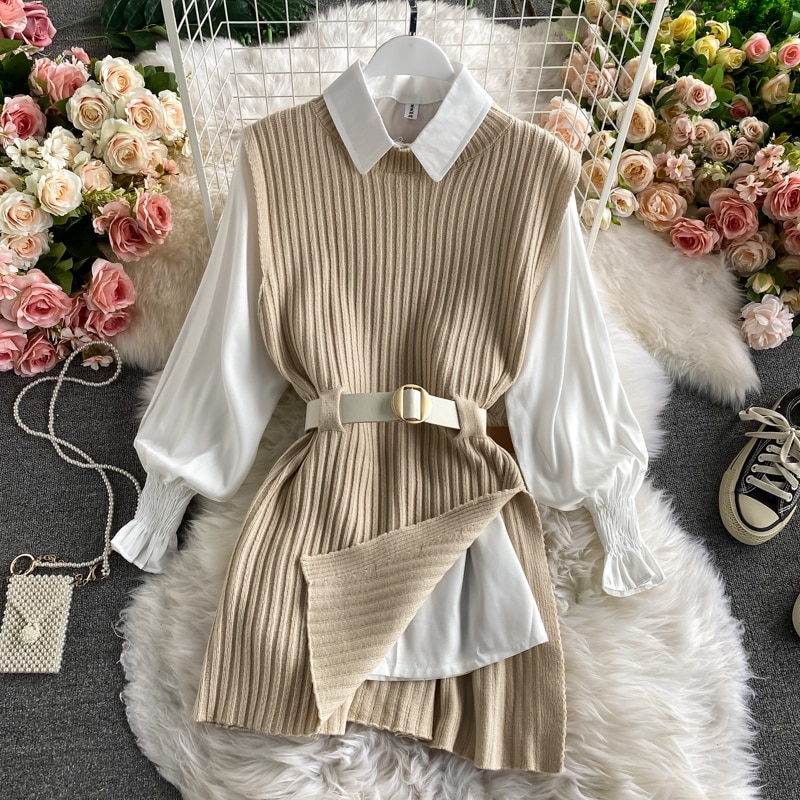 Chemise à manches lanternes pour femmes, gilet tricoté, ensemble deux pièces de style collégien, gilet à la taille, top UK900, printemps-automne