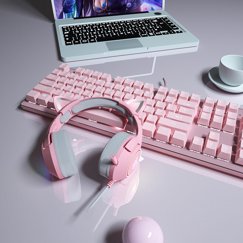 Gaming Headphones with Microphone Virtual 7.1 Noise Cancelling Pink Cat Ear Headset Vibration LED Light for PC Gamer Earphone