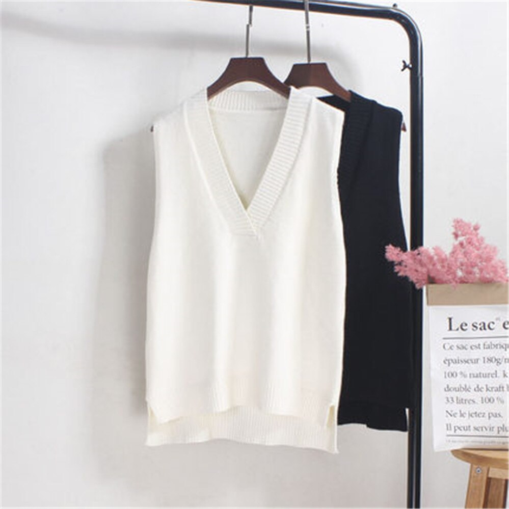 V-hals strikket vest dame sweater efterår og vinter koreansk løs vild sweater vest ærmeløs sweater  pz3544