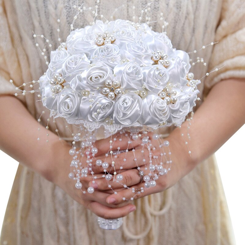 Janevini 2020 nova noiva flores cetim rosa pérolas rosa casamento buquê de cristal nupcial buquê fleur artificielle branco broche: WHITE