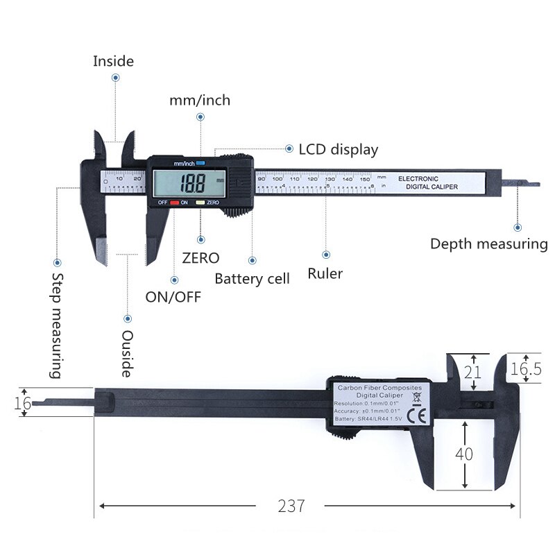 Paquimetro-micrómetro Digital LCD de 150mm y 6 pulgadas, calibrador Vernier electrónico, manómetro de fibra de carbón, 0,1mm