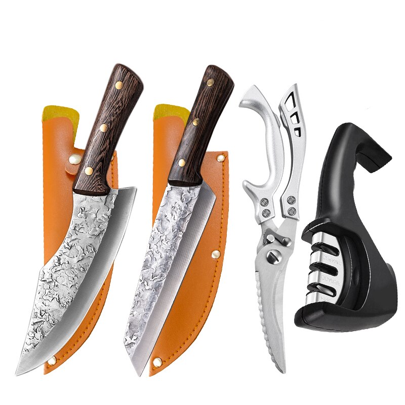 8" Handmade Butcher Knife Stainless Steel Chopping Boning Slicing Knives Cutlery Wenge Wood Cleaver Chopper Chef Kitchen Knife: 4PCS-1