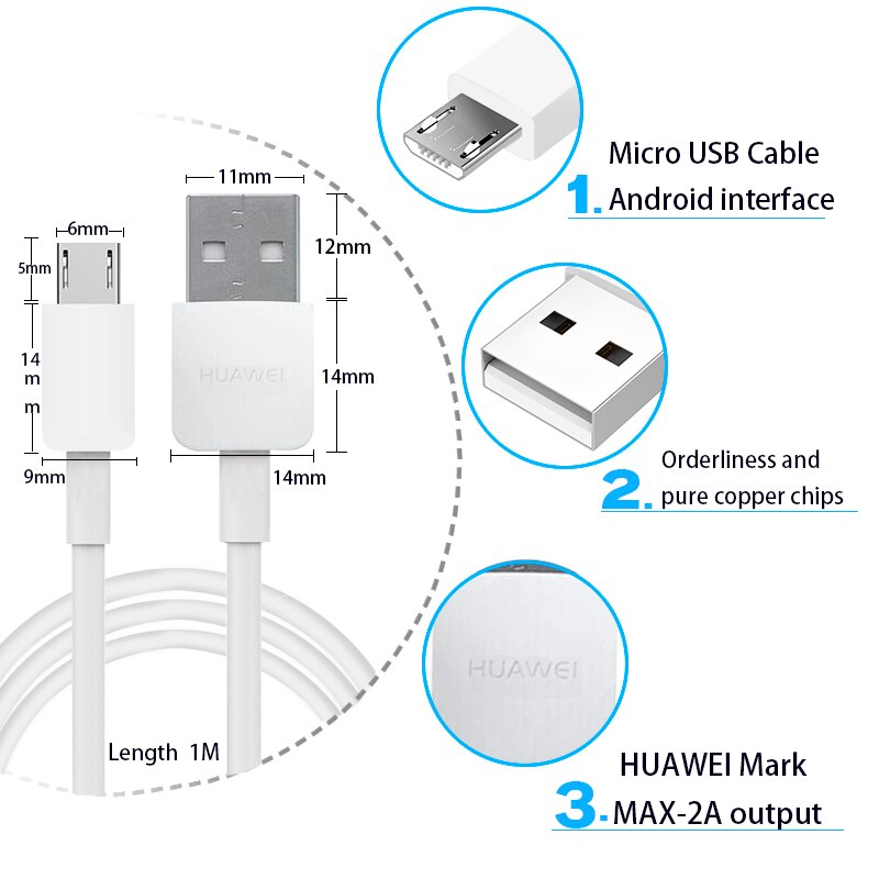 Original huawei micro cabo usb 2a carregador rápido carregamento honra jogo de dados cabo adaptador parede cabo carga 1 m comprimento