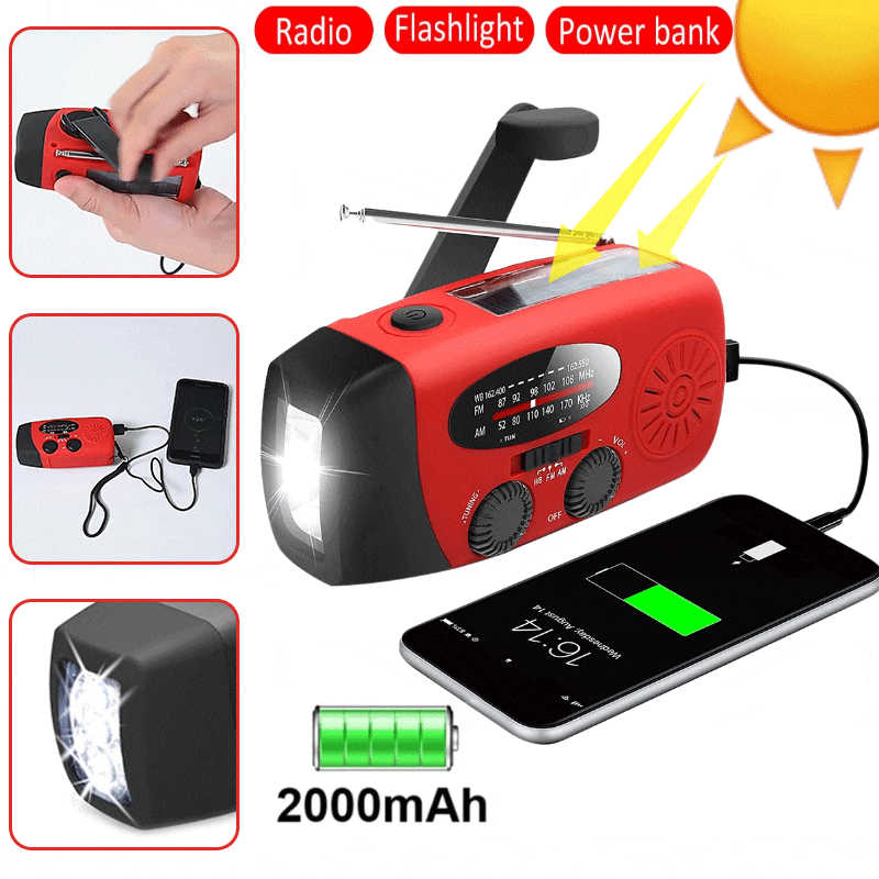 Ready Stock 2000mAh Hand Crank Solar Radios Dynamo Powered AM/FM/NOAA Weather Radio Use Emergency LED Flashlight Power Bank
