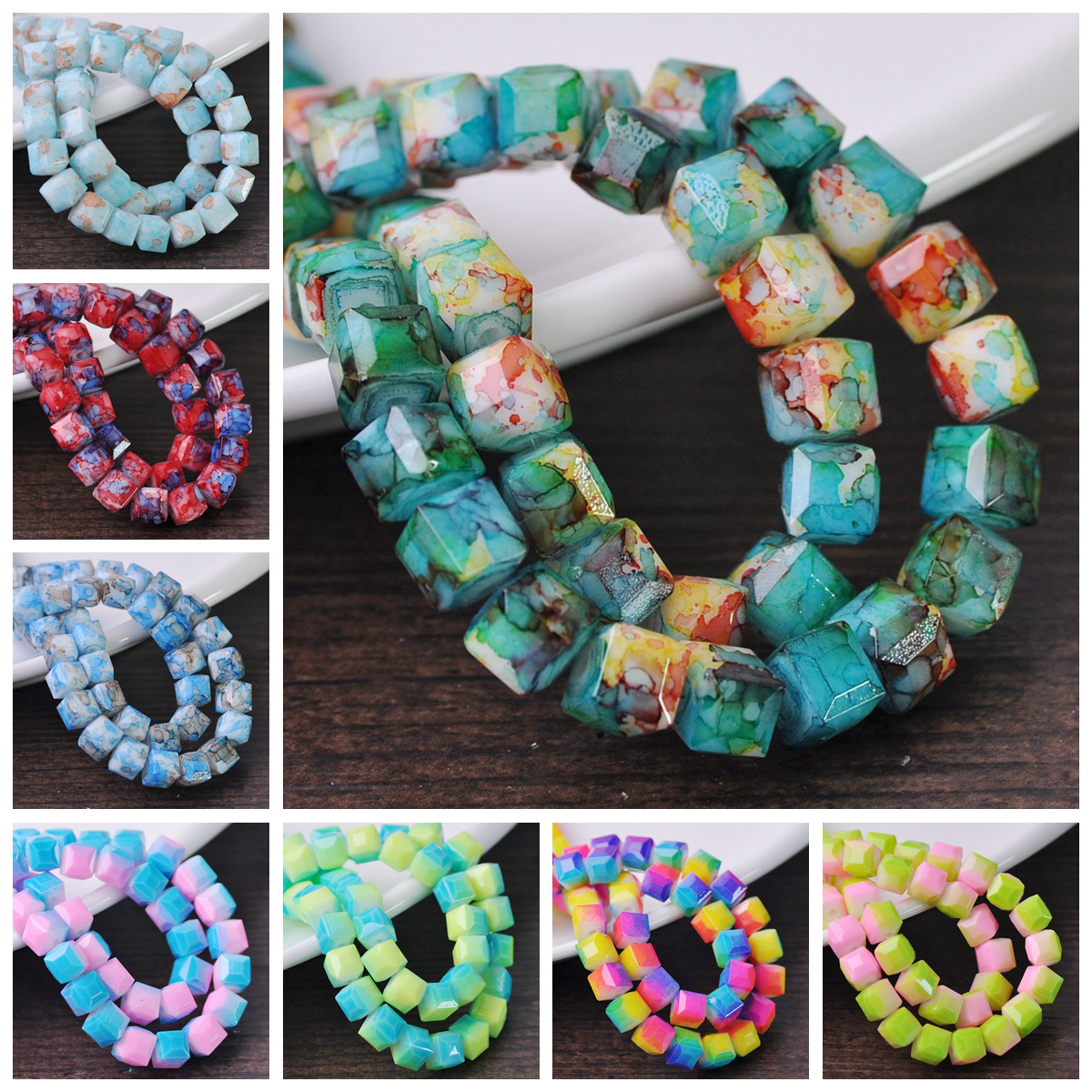 Kleurrijke Bekleed Kubus Vierkant Geslepen 8Mm 10Mm Opaque Glas Losse Ambachten Kralen Lot Voor Sieraden Maken Diy craft Bevindingen