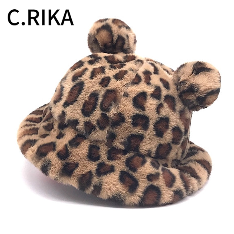 Vinter leopard bjørn øre spand hat kvinder tyk varm imiteret pels fiskekasketter bob piger plys blød panama vinter hat