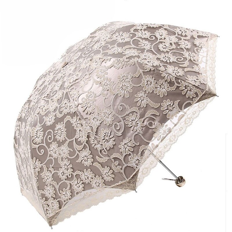 Yesello 5 Color Lace Flower Umbrella Women Sun Rain Umbrella Princess Lace Sunshade Umbrellas Three Folding Umbrella: Gray