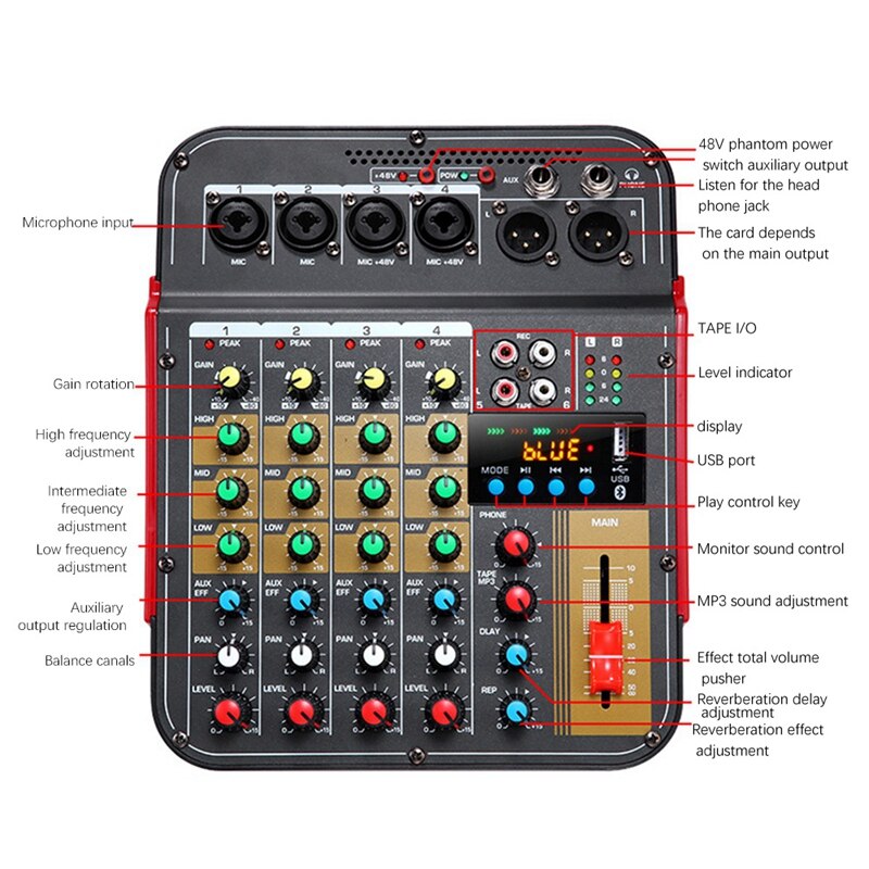 Digital 4-Channel Audio Mixer Console Mixing Console Built-in 48V Phantom Power with BT Function-US Plug