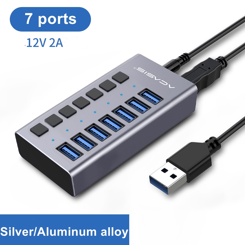 Acasis Multi-Ports Powered USB 3.0 HUB USB Extension with On/Off Switches 15V Adapter Support Splitter Computer Accessories: 7 Ports  US plug