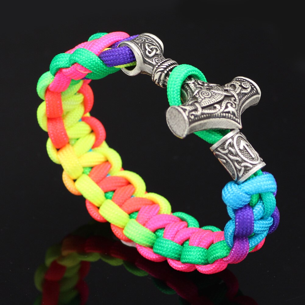 Youe Glänzte Nordischen Viking Thor Mjolnir Hammer Paracord Amuletceltic Rune Knoten Amulett Skandinavischen Licht Regenbogen Armband