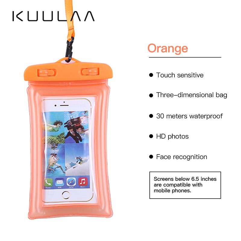 Kuulaa mobiltelefon vandtætte tasker med stropper forseglet pvc beskyttende etui cover undervands pose mobiltelefoner svømmetasker: Orange
