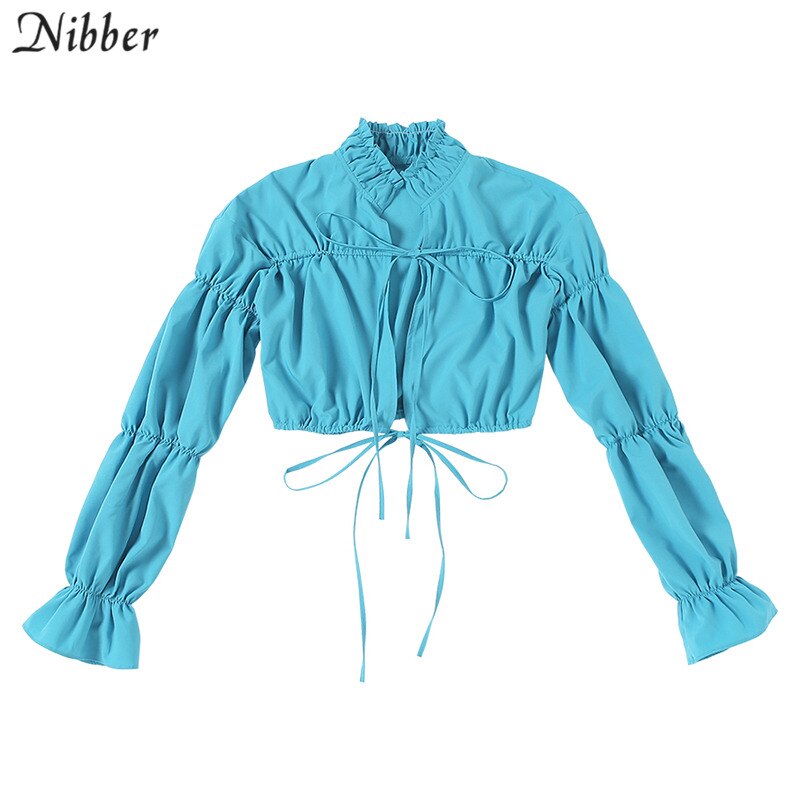 Nibber Sxey lace up Hollow puff sleeve tshirt for women fall Clothing O neck Ruffles long sleeve corp top mujer: Blue / L