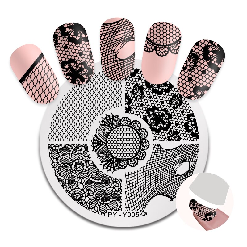 PICT YOU Grid flores encaje uñas estampadas placas patrones de encaje redondo Acero inoxidable Nail Art esténcil herramientas