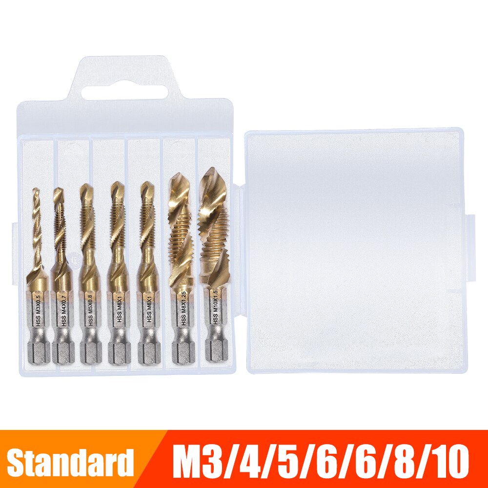 Metric Thread Tap Drill Bits Set Hex Shank HSS Titanium Plated Screw Thread Combination Drill Tap M3 M4 M5 M6 M8 M10 Hand Tools: 7 PCS Gold Standard