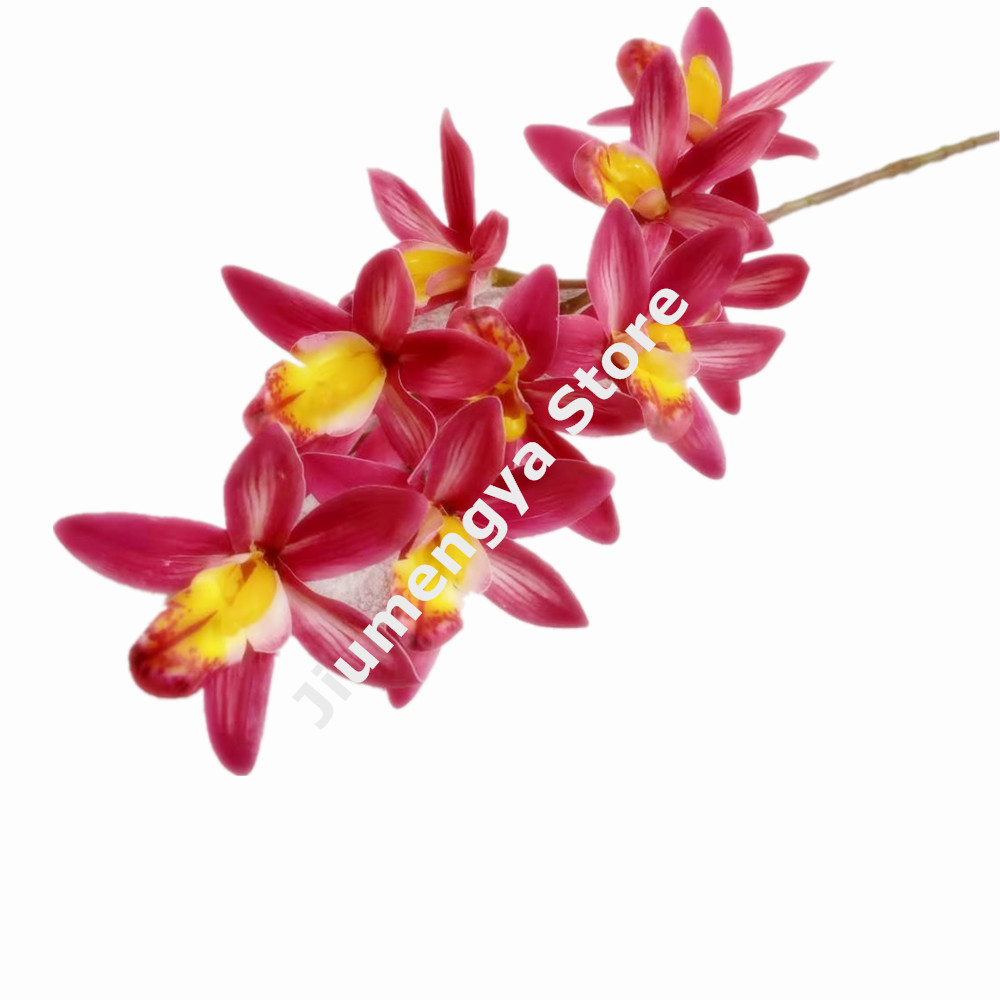 One Real Touch Cymbidium Orchid Flower Plant Artificial 9 Heads Phalaenopsis Orchis for Wedding Home Decorative Flowers: Rose Red
