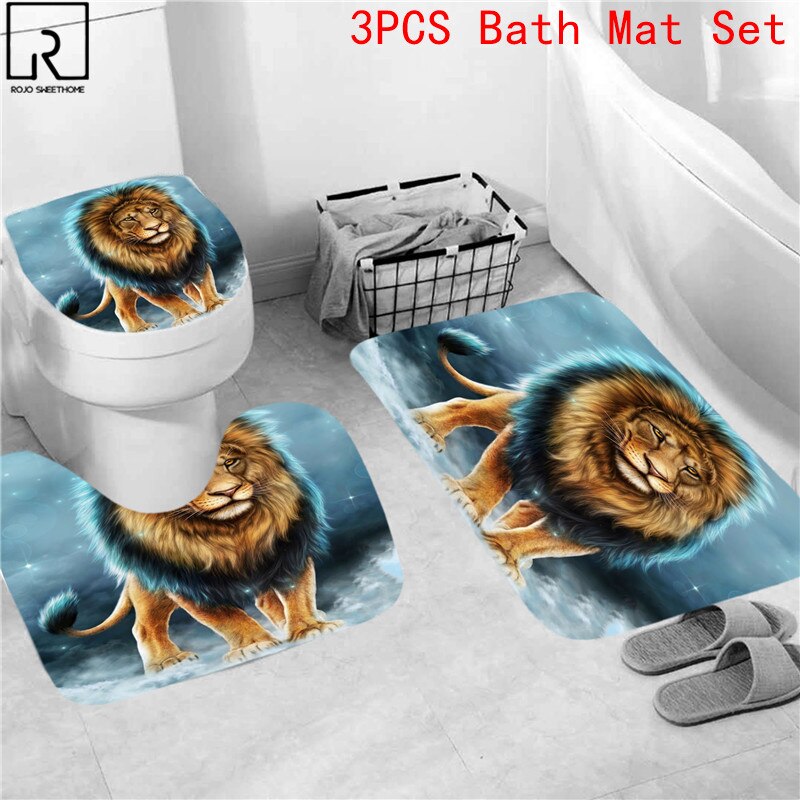 Animal Print Black Shower Curtains Lion Tiger 3D Bathroom Curtain Set Anti-slip Bath Mat Soft Toilet Lid Cover Home Rugs Carpets: 3PC Mat Set-E