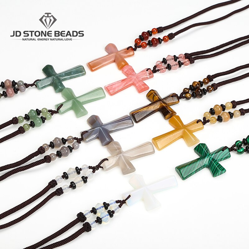 Natural Stone Cross Necklace Hand-woven Rope for Women and Girls Long Sweater Chain Jewelry