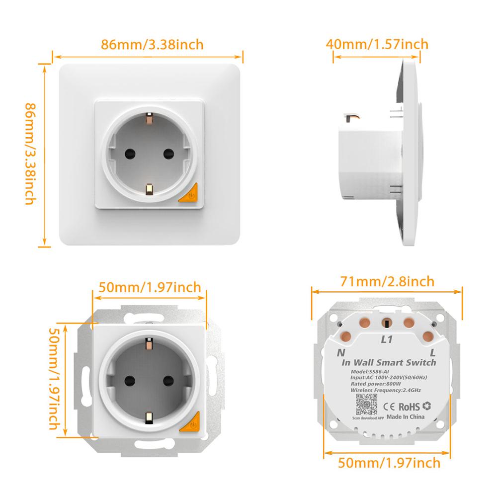 Time switch wifi socket flush-mounted, 16A Waligh eSocket overvoltage protection, compatible with Alexa, Google Home and Siri, u