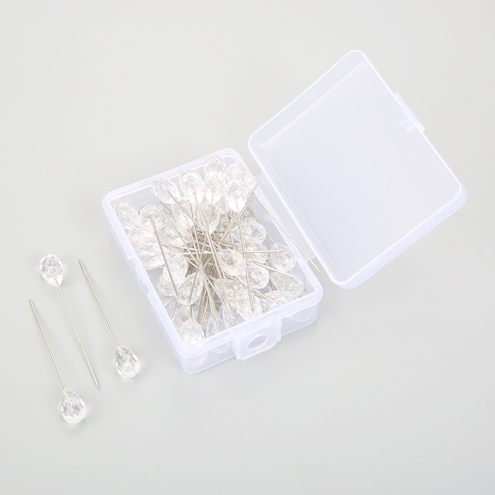 100Pcs(2 Boxes) Clear Diamond Tailor Sewing Garment Straight Pins Wedding Corsage Boutonniere Floral Bouquet Fixed Pin Thumbtack