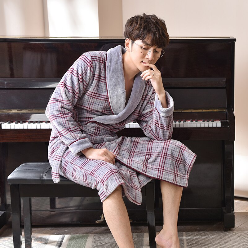 Plaid Robes pour hommes Super doux flanelle corail polaire longue Robe de bain hommes Kimono peignoir mâle Robe de chambre Robes