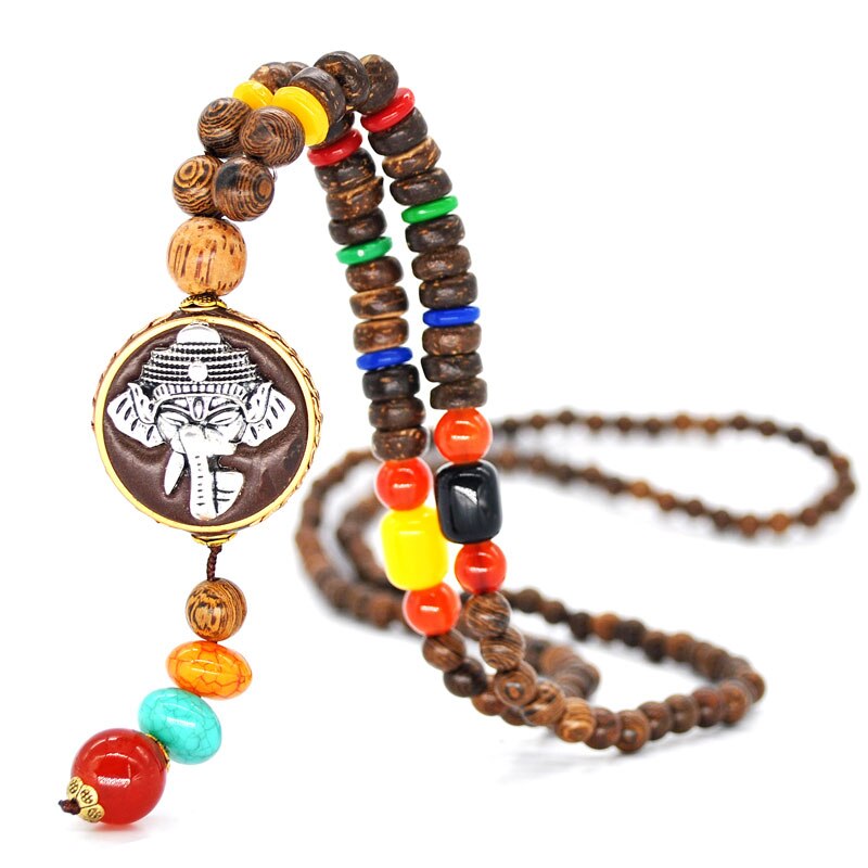 Yumfeel Handgemaakte Nepal Sieraden Boeddhistische Mala Hout Kralen Hanger Ketting Etnische Hoorn Vis Lange Verklaring Ketting Voor Vrouwen Mannen: N2037