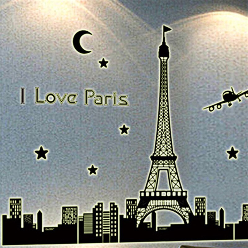 Panoramic I Love Paris Eiffel Tower Wall Sticker Quote Luminous City Night View Home Decor Decal Bedroom Fluorescent Wallpaper