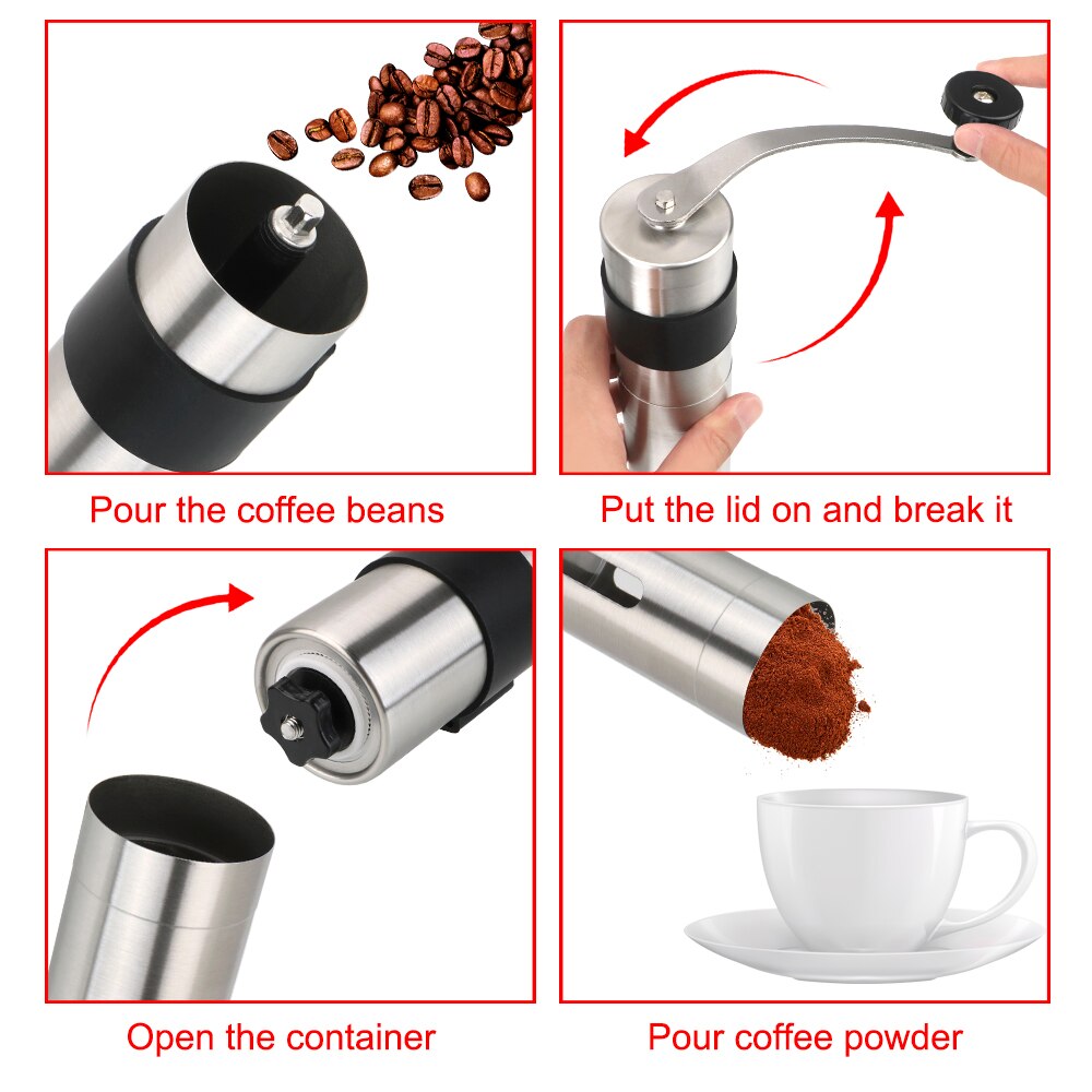 Molinillo de café de cerámica Manual de 2 tamaños, molinillo de café de acero inoxidable ajustable con anillo de lazo de goma, utensilios de cocina fáciles de limpiar