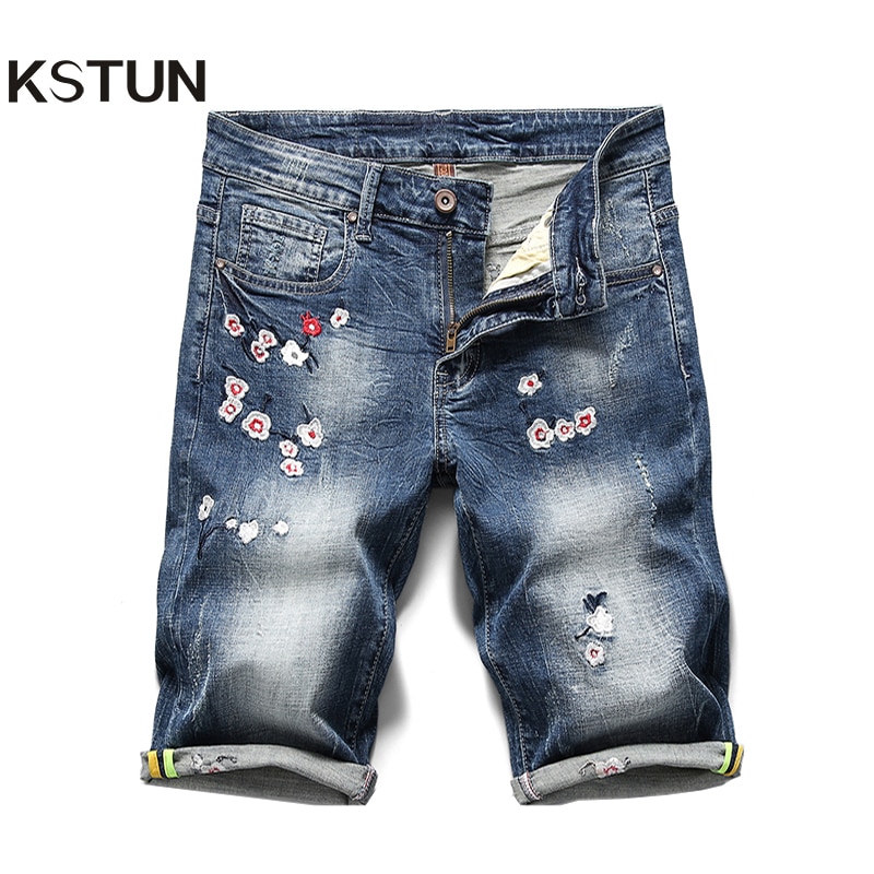 KSTUN-Short en Denim pour hommes, pantalon de court, avec broderie à fleurs, Slim élastique, , été