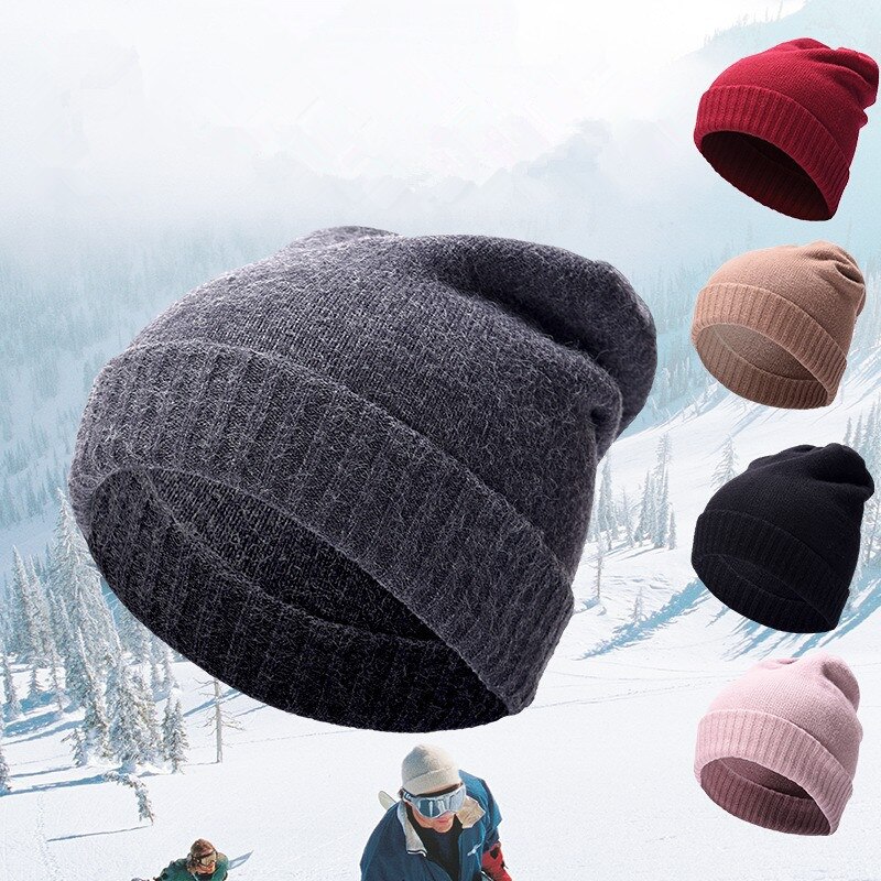 Zachte warme kasjmier muts met omslag, effen gebreide muts met omslag, unisex stijl, stretch schedel skimuts
