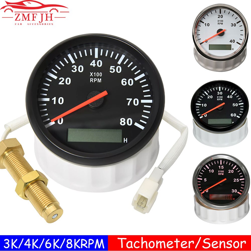 85mm Car Boat Tacho Sensor Marine Tacho Meter with LCD Hourmeter 3000 4000 6000 8000 RPM Boat Tachometer 12V/24V Red Backlight