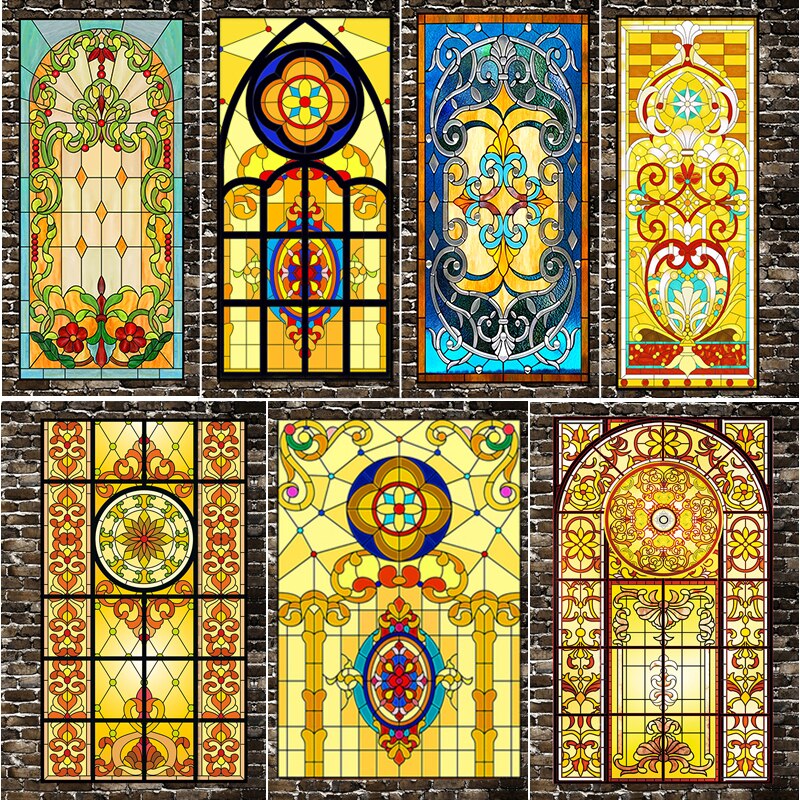 Europæisk retro kirke malet elektrostatisk frostet farvet glas vinduesfilm pvc selvklæbende kirke hjem folie klistermærker