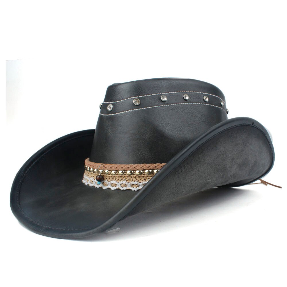 100% Leather Women Black Western Cowboy Hat Lady Wide Brim Hat Outdoor Performance Cowgirl Hat