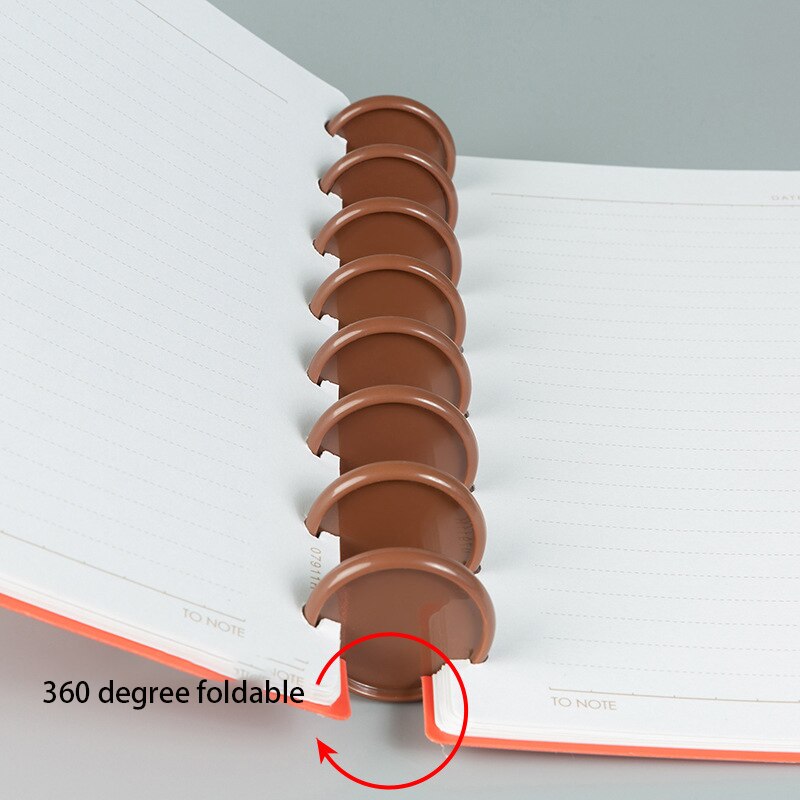 Archivador de cuaderno de Color café, discos de anillas, discos de setas, botón de encuadernación, hebilla de encuadernación de agujero en forma de T, plegable de 360 grados