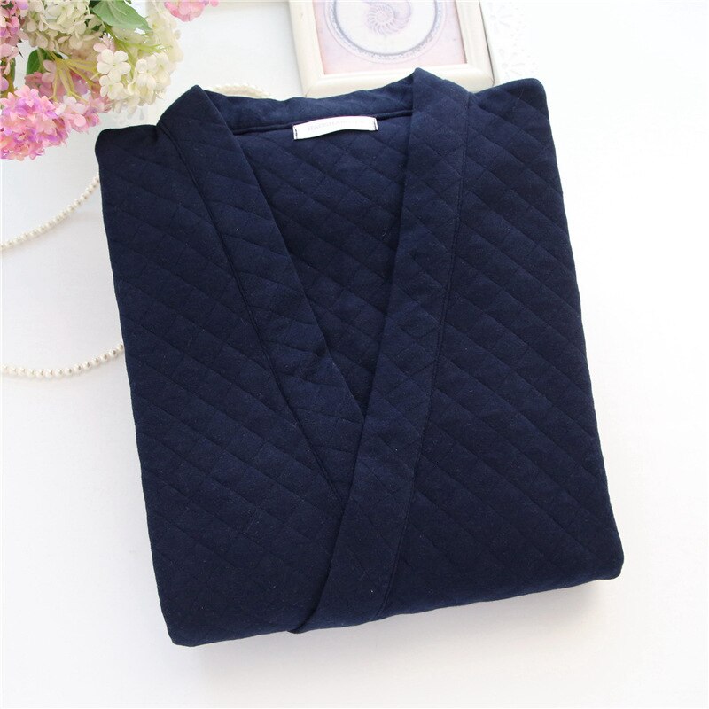 Yukata-Conjunto de pijama Kimono de algodón para hombre, ropa de dormir japonesa con capa de aire, servicio a domicilio, pantalones gruesos y cálidos de Color sólido, Otoño e Invierno: Navy blue / M