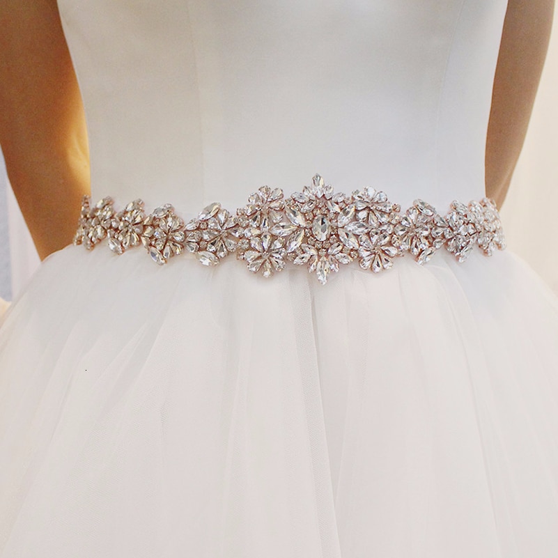 Handmade Rhinestone Belt Crystal Wedding Dress Belt Bridal Belt Sash Waist Belt Satin Ribbon Rose Gold Wedding Accessories: Default Title